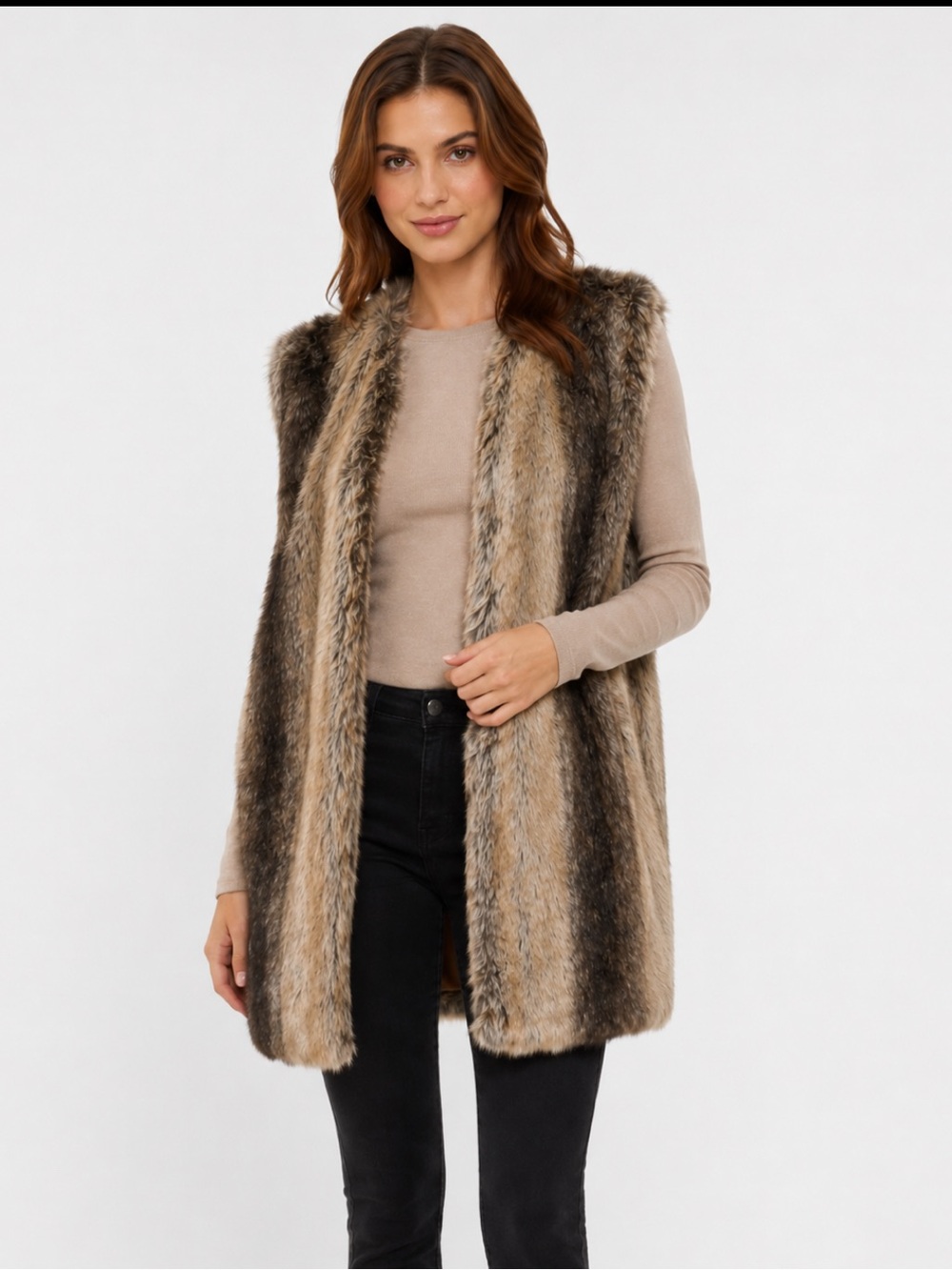 Heartloom Faux Fur Boho Long Vest in Brown / Taupe Multi - Size Large NWT